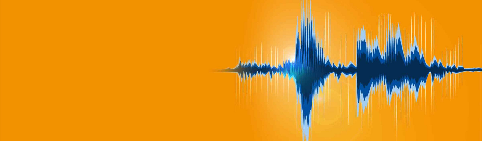 Illustration of an audio frequency in different tints of blue on an orange background.